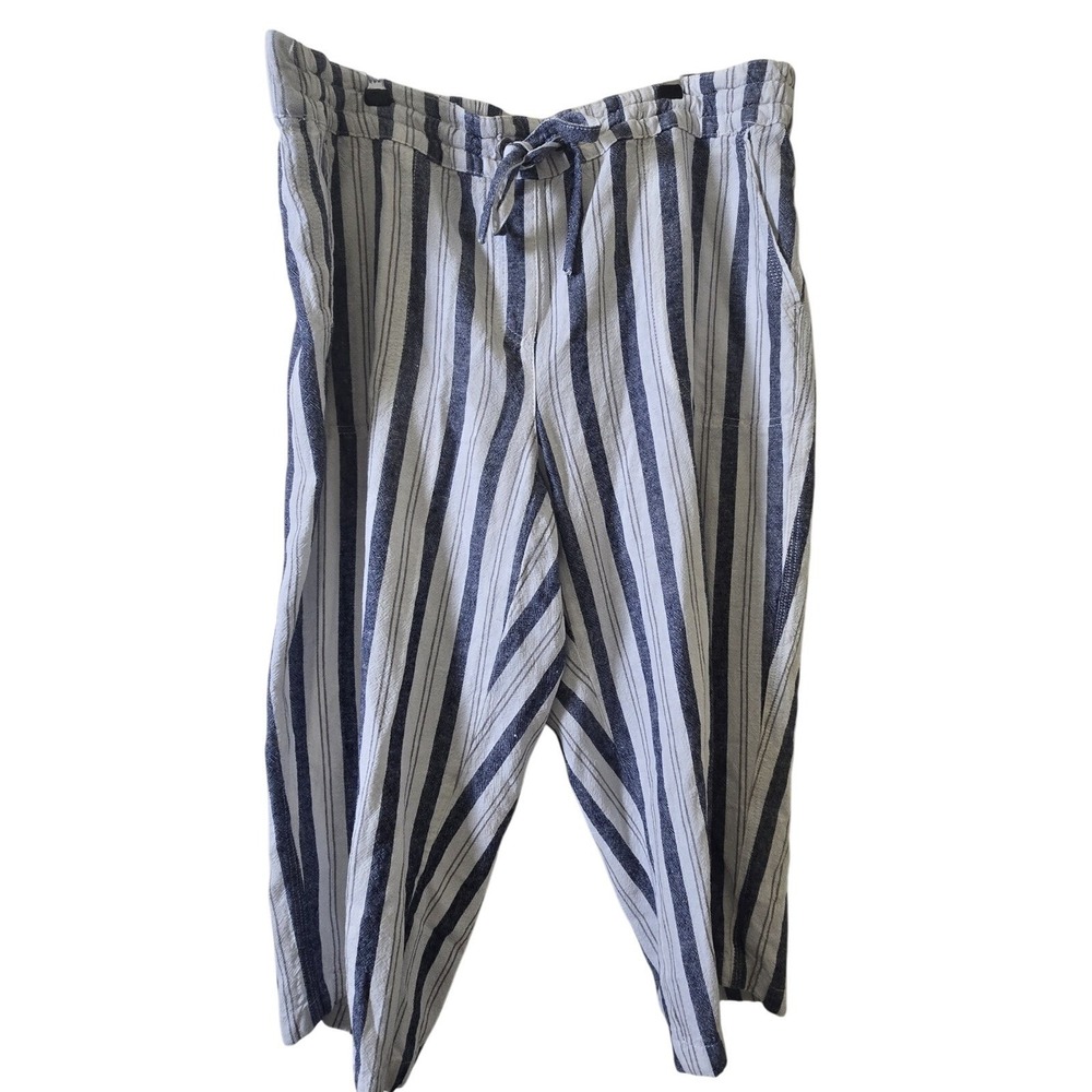Per Se Linen Blend Pants Women 1X Blue White Striped Elastic Waist Cropped Taper